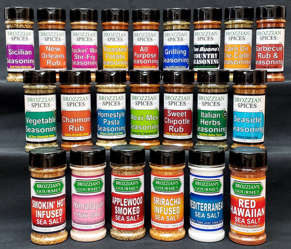  Brozzian Spices lineup of Seasonings, Rubs, and Salts